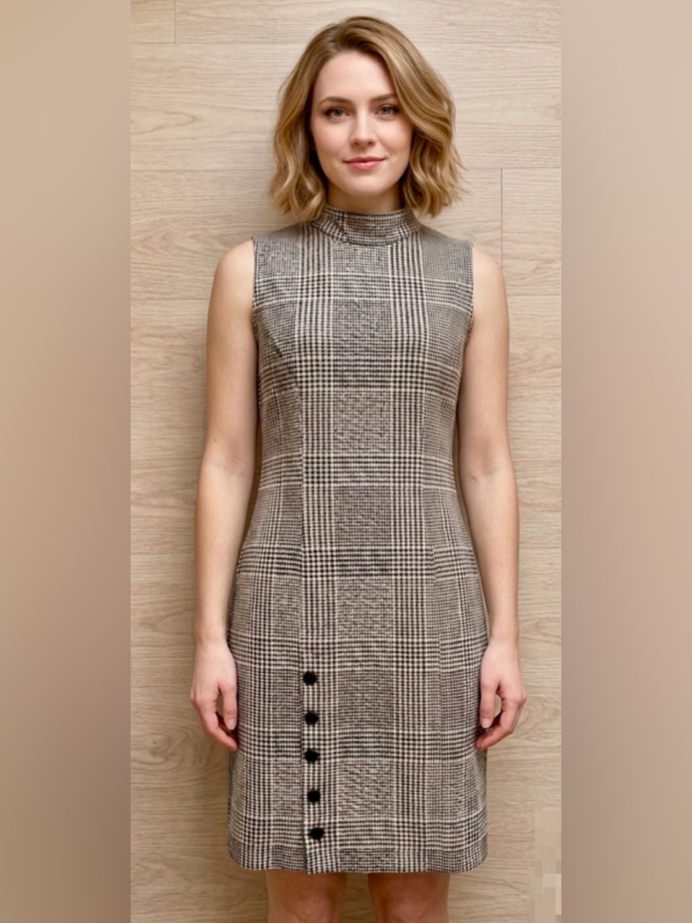 Sharagano Plaid Mock Neck Sheath Dress Black White Houndstooth Size 10P